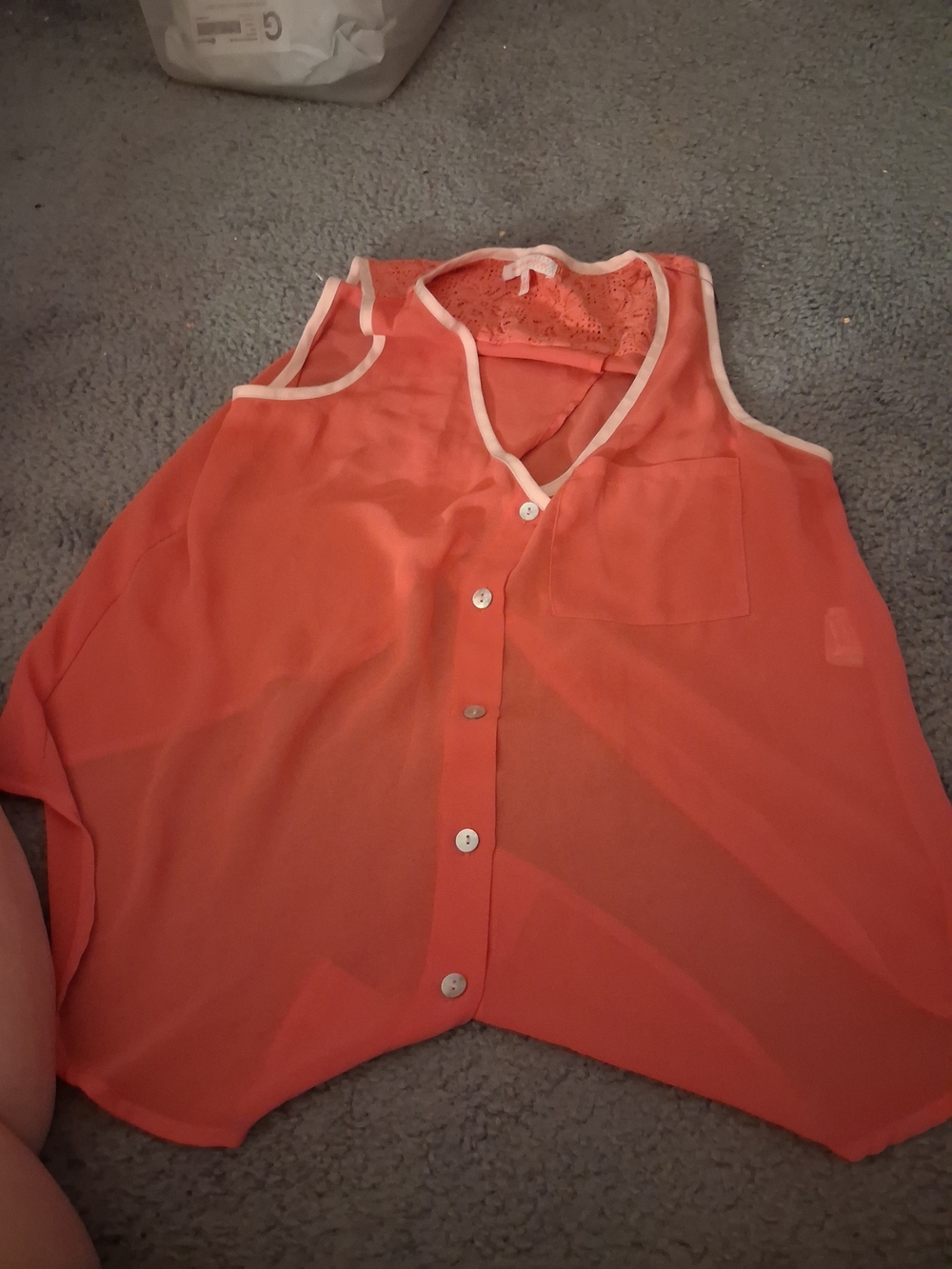 Sleeveless Coral Button-Front Chiffon Blouse with Contrast Trim